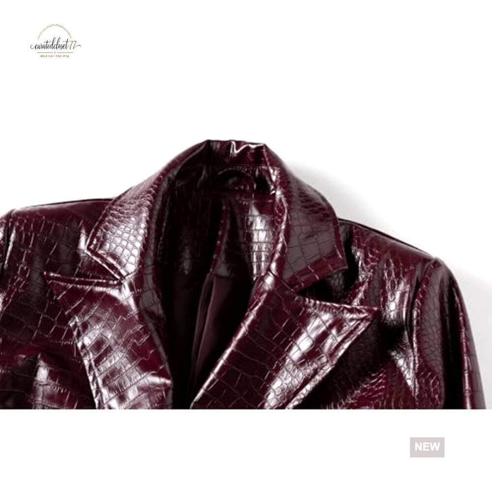 Oversized Faux Leather Trench Coat Classic Notch Lapel Slim Fit Belted Jacket - Picture 5 of 7